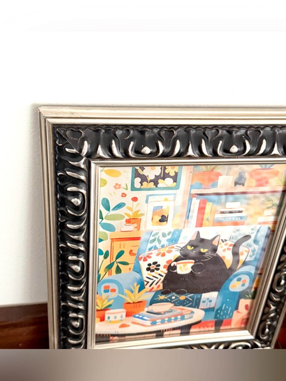 Cozy Black Cat Bookshelf Reading Books Coffee Floral Canvas Art Print Framed Art - Picture 5 of 10